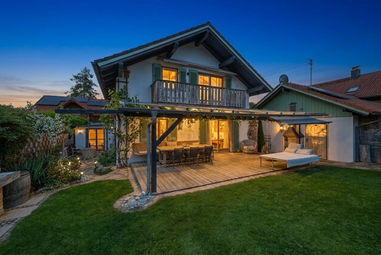 Landhaus mit beleuchteter Terrasse in der Abenddämmerung